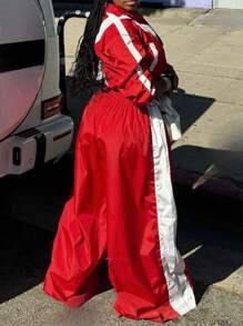 2pcs Set Woven Patchwork Loose Casual Sports Top Jacket With Zipper Pockets And Wide Leg Pockets Pants Suit - 紅色 - 查看 3