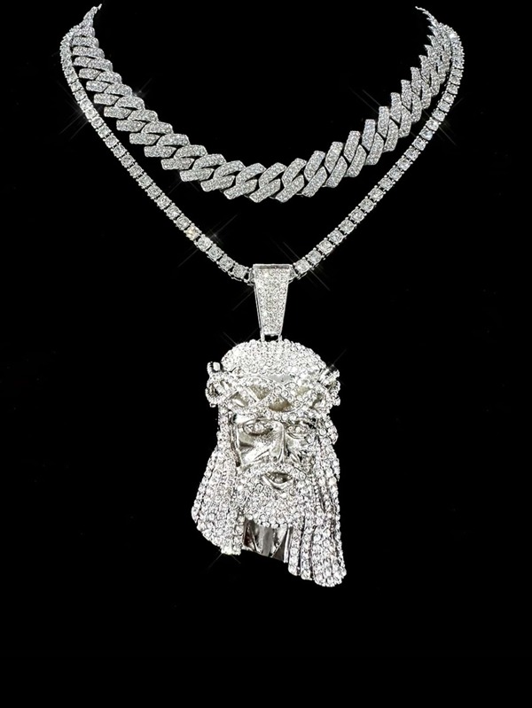 2pcs Layered Cuban Chain Jesus Pendant Necklace, Religious Charm Jewelry Gift For Men And Women, Perfect For Gifting