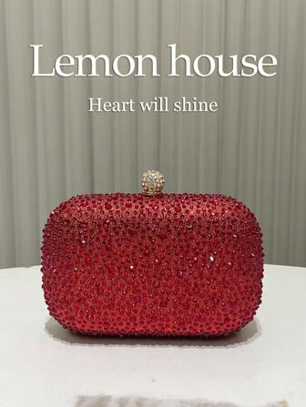 1 件红色迷人水钻装饰金属链条单肩包，时尚优雅手拿包，迷你盒形晚宴包，适合正式派对、婚礼、宴会、女性礼物、必备婚礼物品，完美搭配毕业礼服、舞会礼服