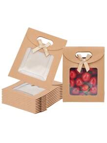 6 bolsas de papel kraft con ventana, bolsas de regalo con asa estilo sobre en marrón, con arco y ventana transparente para empacar caramelos, galletas, para bodas, fiestas, tiendas y al por menor - Caqui - Ver 6