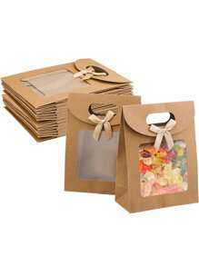 6 bolsas de papel kraft con ventana, bolsas de regalo con asa estilo sobre en marrón, con arco y ventana transparente para empacar caramelos, galletas, para bodas, fiestas, tiendas y al por menor - Caqui - Ver 5