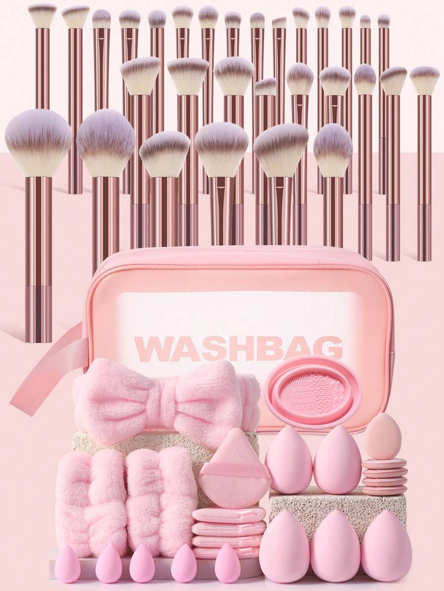24/30/39/44/49/54/55PCS Makeup Tools Set Including:1pc Multi-Functional Zipper Toiletry And Cosmetic Bag Waterproof+ Makeup Brush Set+5PCS Makeup Sponges+5PCS Mini Makeup Sponges+5PCS Triangle Powder Puffs+5PCS Mini Air Cushion Powder Puffs+1pc Hairband+2PCS Hand Bowl Strap+1pc Makeup Brush Cleaning Tools - 彩色 - 查看 1
