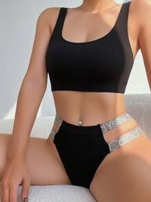 Women's Black Seamless Ribbed Comfortable Wireless Bra & Low Rise Thong Panty Set - Black - View 4
