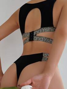 Women's Black Seamless Ribbed Comfortable Wireless Bra & Low Rise Thong Panty Set - Black - View 2