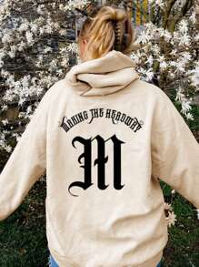 女士字母印花休闲长袖抽绳连帽运动衫，适合秋冬季日常穿着 - 杏色 - 查看 5