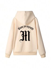 女士字母印花休闲长袖抽绳连帽运动衫，适合秋冬季日常穿着 - 杏色 - 查看 2