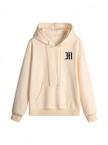 女士字母印花休闲长袖抽绳连帽运动衫，适合秋冬季日常穿着 - 杏色 - 查看 3