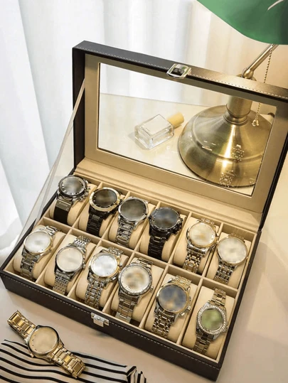 1pc Big Capacity Leather Watch Box, Jewelry Organizer Display Case,Watch Organizer Box For Men & Women Organizer Storage Box Travel