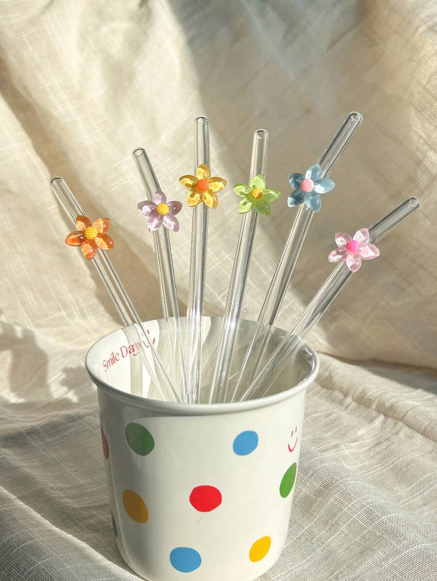 1 件卡通彩色花朵设计玻璃吸管,耐热弯曲玻璃吸管,适用于鸡尾酒、冰沙、奶茶、果汁、咖啡、派对用品、可重复使用的学校用品、海滩度假、夏季派对、圣诞节、情人节、 - 款式1 - 查看 1