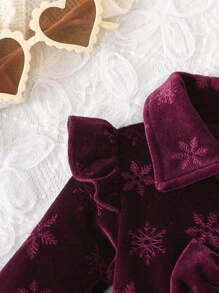 Baby Girl Long Sleeve Ruffled Shoulder Snowflake & Bow Print Princess Layered Tulle Dress With Collar , Spring/Autumn - Burgundy - View 4