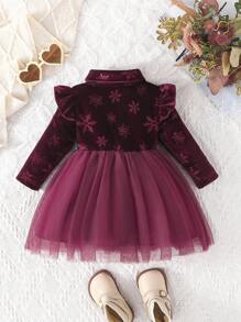 Baby Girl Long Sleeve Ruffled Shoulder Snowflake & Bow Print Princess Layered Tulle Dress With Collar , Spring/Autumn - Burgundy - View 2