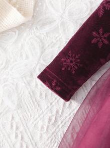 Baby Girl Long Sleeve Ruffled Shoulder Snowflake & Bow Print Princess Layered Tulle Dress With Collar , Spring/Autumn - Burgundy - View 5