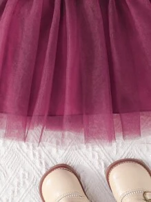 Baby Girl Long Sleeve Ruffled Shoulder Snowflake & Bow Print Princess Layered Tulle Dress With Collar , Spring/Autumn - Burgundy - View 7