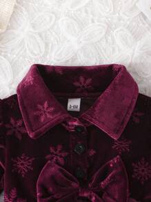 Baby Girl Long Sleeve Ruffled Shoulder Snowflake & Bow Print Princess Layered Tulle Dress With Collar , Spring/Autumn - Burgundy - View 3