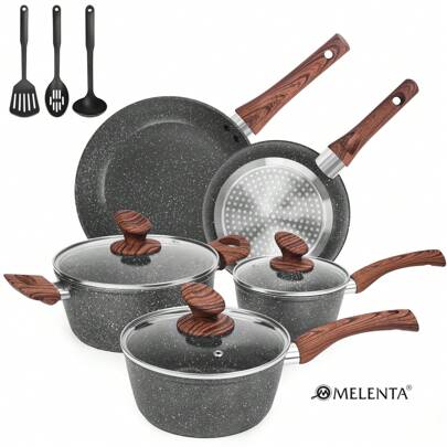 M MELENTA Granite Pots And Pans Set Ultra Nonstick, 11 Piece Die-Cast Cookware Sets With Frying Pan, Sauce Pan, Stockpot, Stay Cool Handle & Kitchen Utensils, Gas/Induction Compatible, 100% PFOA Free,Compact Size For 1-3 Persons Meal