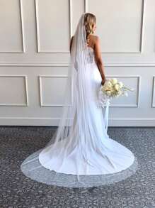1pc Bride's One-Layer Minimalist Veil, Soft Nude Color Sheer Bridal Outdoor Photography Trailing Decor Fall Clothes For Women - Beige - View 5