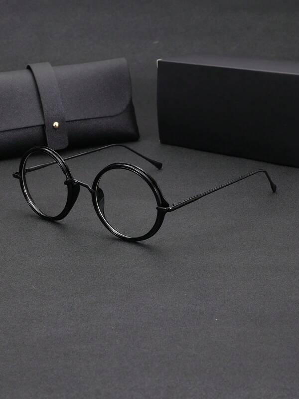 1 Pair Men's Round Metal Frame Fashion Non-Prescription Eyeglasses For Computer, Gaming, Casual Wear, Comes With Delicate Leather Case