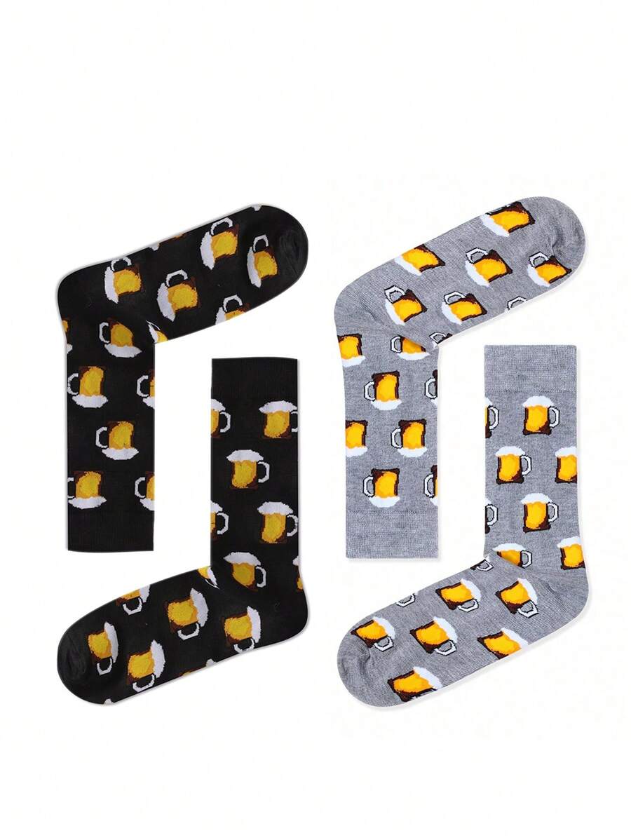 2 Pairs Unisex Fashion Socks, All Season Design, Couples Matching Black And Gray Beer Patterned Casual Socks - Multicolor - View 1
