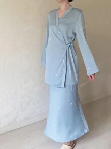 2pcs Set Elegant Women's Fashion Personalized Long Sleeve Retro Printed Satin V-Neck Dress Suit, Retro Top & Skirt