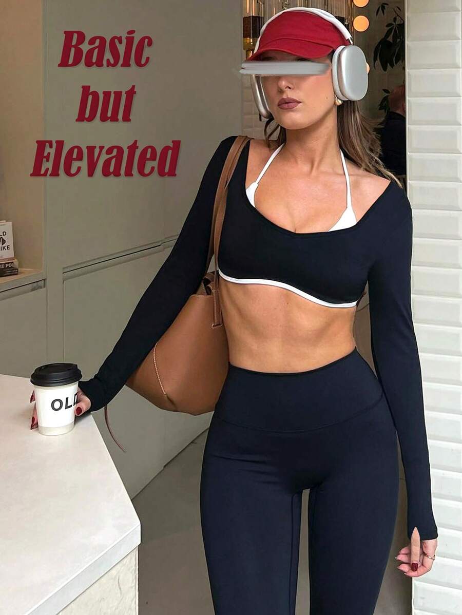 OZICERD Women Black Backless Long Sleeve Workout Tops Gym Shirt Athletic Clothes Built In Bra With Removable Pad Open Back Workout Crop Top Yoga Top Sport Gym Tops Contrast Binding 2 In 1 Compression Shirts Halter Going Out Tops For Women - 黑色 - 查看 1