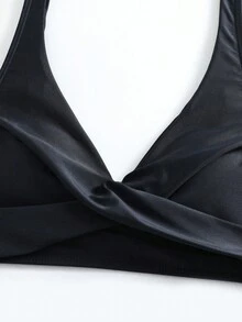 Women Sexy Criss-Cross V-Neck Swimwear, Fashionable High Waist Solid Color Black Bikini 2 Pieces Set, For Summer Beach Vacation