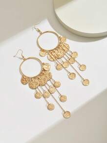 1 Pair Women's Retro Metal Asymmetrical Round Disc Geometric Butterfly Tassel Long Earrings, Versatile Daily Accessories - Gold - View 5