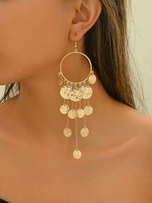 1 Pair Women's Retro Metal Asymmetrical Round Disc Geometric Butterfly Tassel Long Earrings, Versatile Daily Accessories - Gold - View 2
