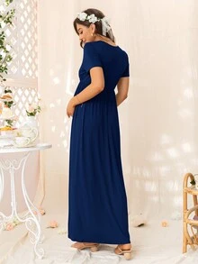 DEARCASE Maternity Solid V-Neck Short Sleeve Simple Long Dress - Navy Blue - View 2