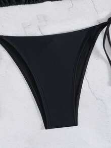 Women's Solid-Color Halter Tie Neck Swimwear Set Spaghetti Strap Bikini Bottom, For Summer Beach Vacation - Black and White - View 3