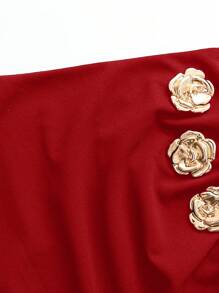 EARO Vintage French Style Women's Casual Minimalist Comfortable Daily Versatile Metal Flower Decor Pleated Front Slit A-Line Skirt, High Waist Slimming Elastic Waist Fashionable Loose OL Professional Bodycon Skirt, Spring/Autumn - Red - View 3