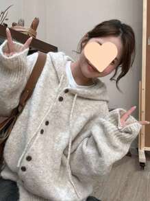 Women's Oversized Knit Hoodie Cardigan With Button-Up Front