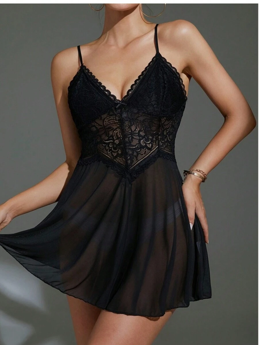 Sexy Lingerie Sexy Lace Hollow Transparent Large Size Sexy Lingerie Nightdress/0993 - 黑色 - 查看 1