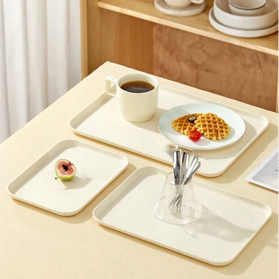 1pc Cream Color Rectangular Tray, Small/Medium/Large Size, Plastic Cafe/Restaurant/Preschool/Home Cup/Tea/Meal/BBQ Plate, Kitchen Utensil - Cream - View 1