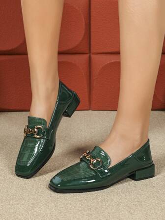 Women's Fashion Metal Buckle Decor Square Toe Flat Loafers, Classic Retro British College Style Slip-On Casual Penny Shoes, Patchwork Soft Leather Comfortable Chunky Heel Green Leather Flats