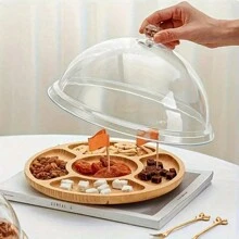 1 pieza Bandeja de estilo país de madera de acacia - Cesta de almacenamiento de madera redonda, adecuada para bocadillos, frutas y postres | Organizador de cocina y accesorio de decoración para el comedor - Color caoba - Ver 4