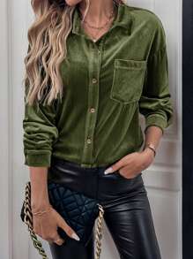 Women's Velvet Button-Up Shirt With Front Pocket And Long Sleeves - Olive Green - View 1