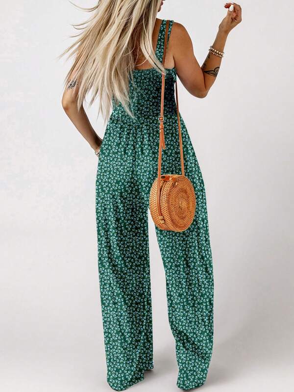 CILKOO Bohemian Floral Print Square Neck Sleeveless Loose Shirred Cami Jumpsuit With Pockets, Summer Casual Wide Leg Pants