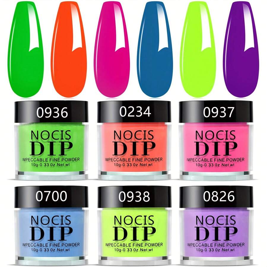 NOCIS 6 BOX/SET Neon Dip Powder Nails - Vibrant Colors For Day & Night, No Lamp Needed, Gel-Like Finish, Smooth & Even Application Acrylic Press On Nails