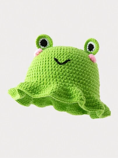 1pc Women's Handmade Crochet Frog Knitted Bucket Hat, Warm For Daily Wear In Autumn/Winter