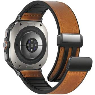 磁性皮革表带适用于三星 Galaxy Watch Ultra 47 毫米 (2024) 磁性扣设计可调节经典腕带配件替换表带男女皆宜