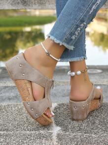 Sandalias con tacón alto y puntera descubierta al estilo coreano para mujeres, alpargatas de plataforma con cuña y fondo grueso, impermeables, con tira cruzada con tachuelas - Beis - Ver 5