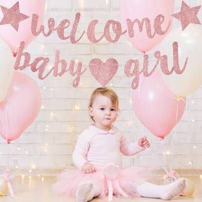 Dekoracje na Baby Shower dla dziewczynki, długi baner dla dziewczynki, baner powitalny, złoty brokatowy napis na Baby Shower, różowy baner na przyjęcie z okazji narodzin dziecka, dekoracje dla rodziny na Baby Shower, prezenty, przyjęcie z okazji ujawnienia płci dziecka