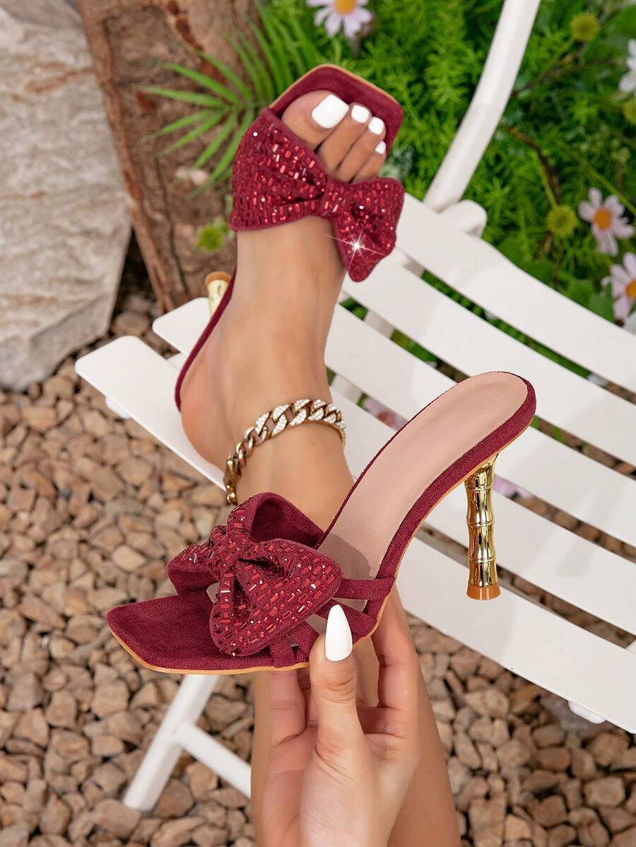 New Fashionable Versatile Crystal Bow Strap Crystal High Heel Sandals - Burgundy - View 1