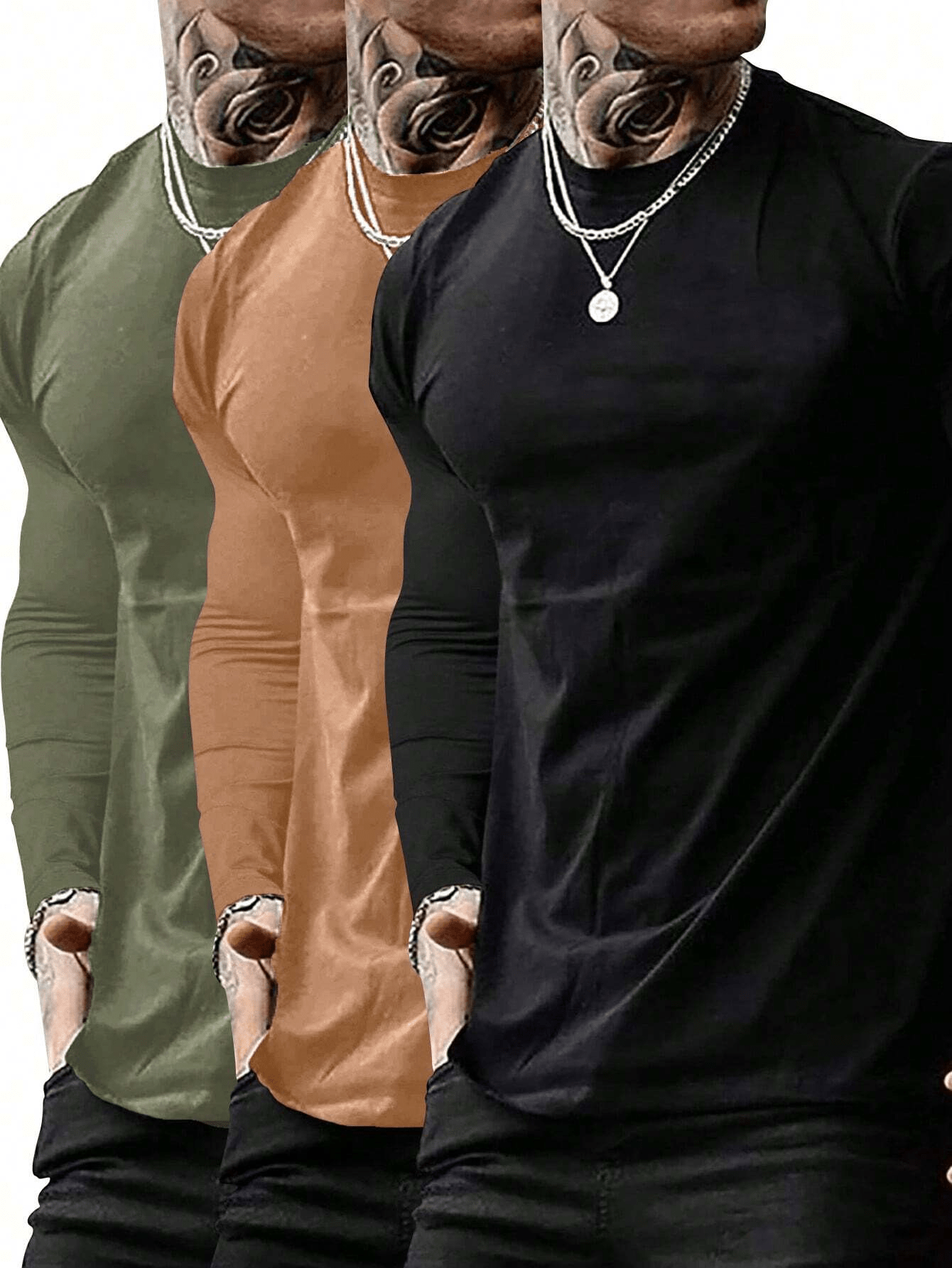 4pcs/Pack Men's Solid Color Round Neck Casual Long Sleeve T-Shirt For Autumn
