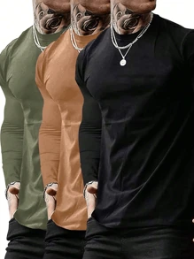 3pcs/Set Men's Solid Color Casual Crew Neck Long Sleeve T-Shirts, Autumn