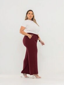 PLUS SIZE PANTS, WIDE LEG, HIGH WAIST WITH ELASTIC DUNA FABRIC - Màu Đỏ Sâu - Xem 4