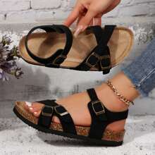Adjustable Buckle Cork Footbed Slides With - Outdoor Sandals Providing Comfort And Durability For Women - 黑色 - 查看 1