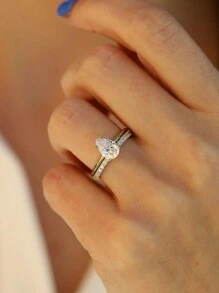 Set de 2 anillos de plata de ley 925 con corte de pera de 2 quilates, anillos elegantes de fiesta y apilables para damas, regalo de joyería preciosa para aniversario - Anillo en forma de pera - Ver 4