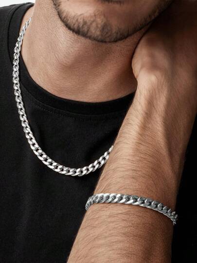 2pcs Stainless Steel Men's Necklace And Bracelet Set, Men's Fashion Accessory