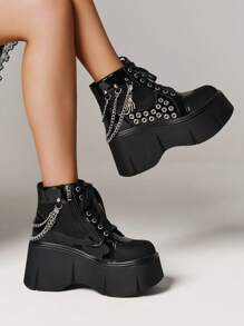 Women's Y2K Punk Goth Platform Ankle Boots Fashion Chain Round Hole Wedges High Heels Thick Bottom Cosplay Boots Woman